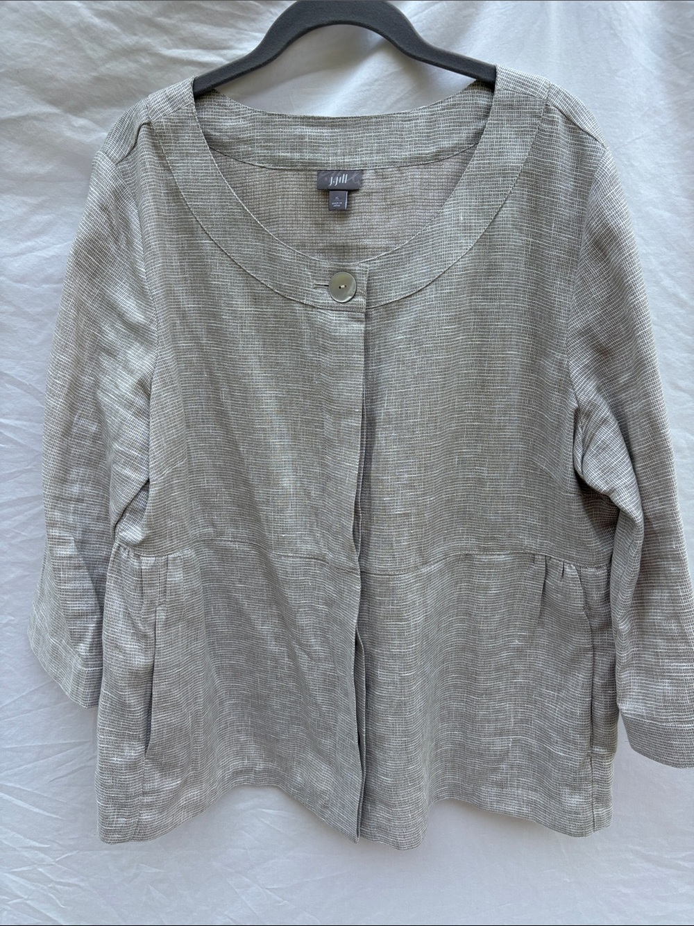 J. Jill Light Brown and White Linen-Blend Round Neck Jacket
